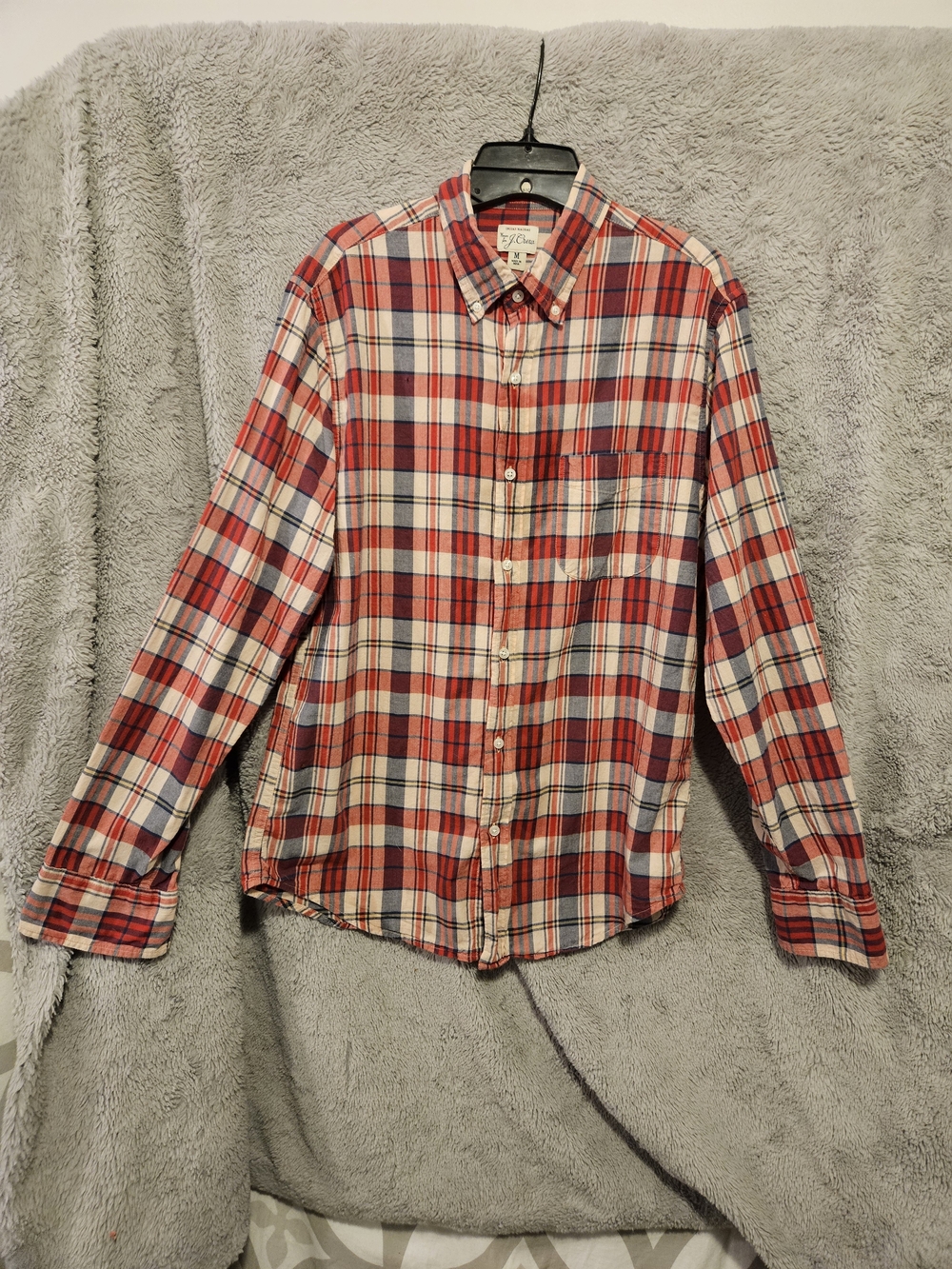 J. Crew Shirt, Mens Longsleeve Plaid, Red, Tan, Blue, 100% Cotton, Size Medium